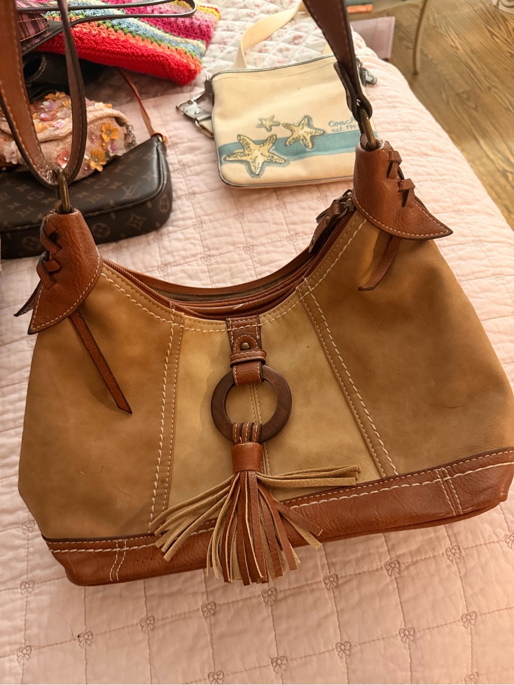 boc Two-Tone Tan & Brown Suede Shoulder Bag with Tassel